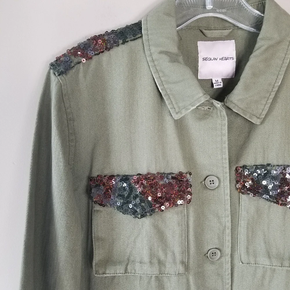 NEW! SEQUIN HEARTS Army Utility Jacket Coat Sequin Detail Medium.